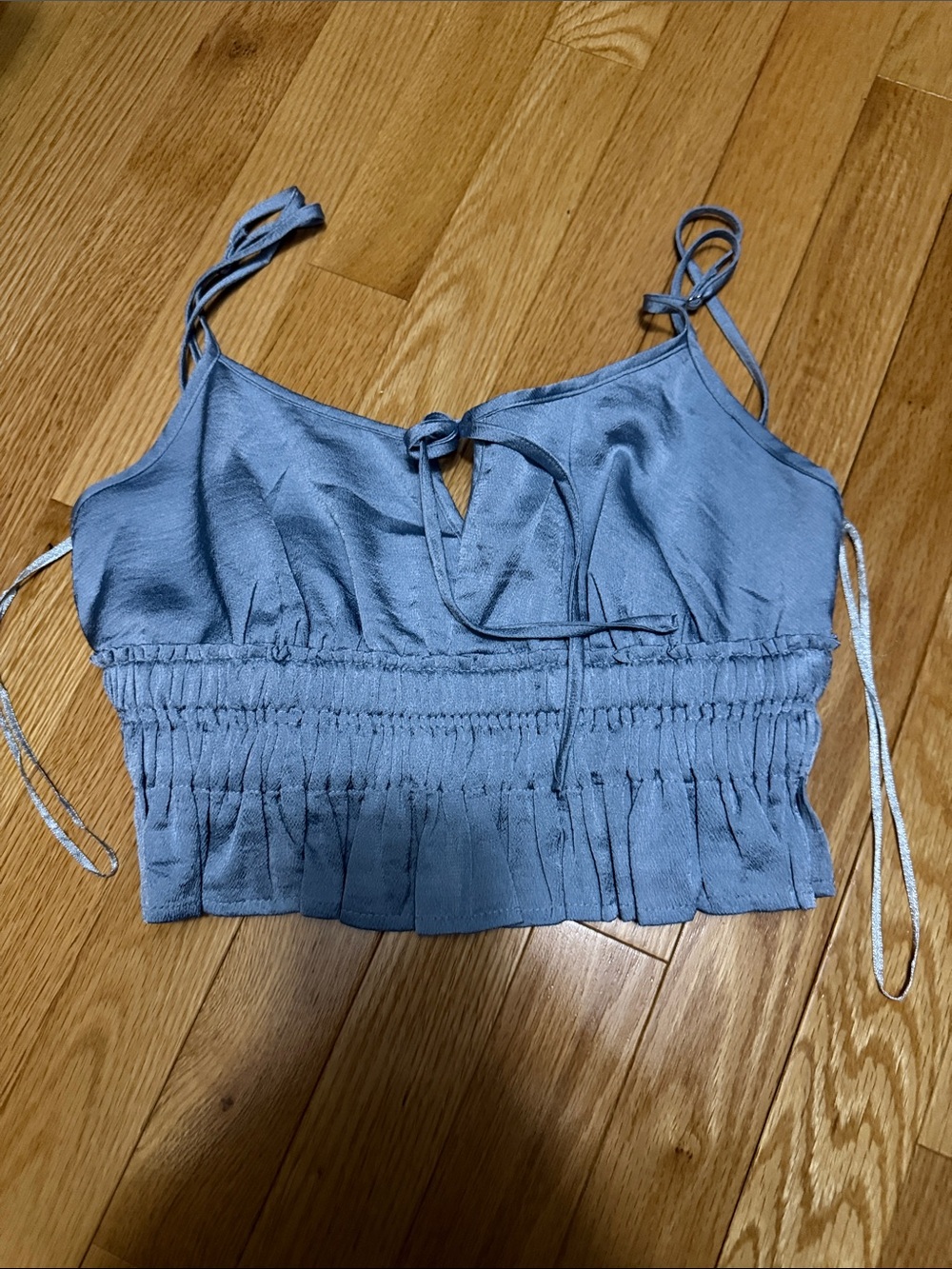 Light Blue Satin Smocked Crop Cami with Tie Straps